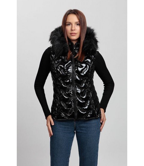 Shiny Black Vest with Fur Hat - Winter Collection