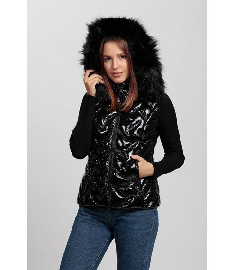 Shiny Black Vest with Fur Hat - Winter Collection