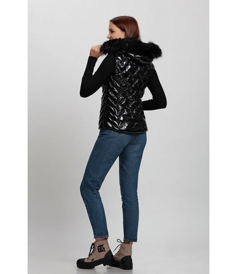 Shiny Black Vest with Fur Hat - Winter Collection