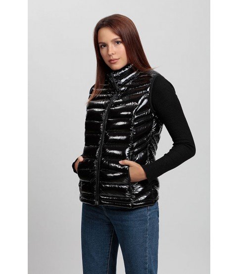 Straight Stitched Shiny Black Vest - Winter Collection