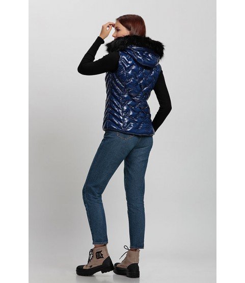 Bright Navy Blue Vest with Fur Hat - Winter Collection