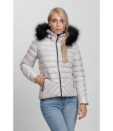 Cross Stitched Pockets Patterned Off White Coat with Fur Hat - Winter Collection