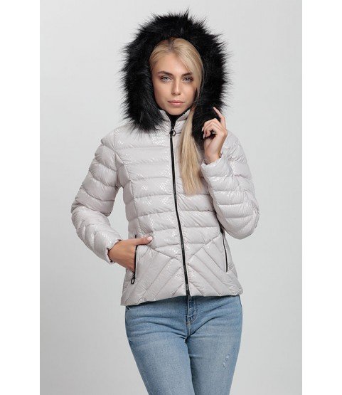 Cross Stitched Pockets Patterned Off White Coat with Fur Hat - Winter Collection