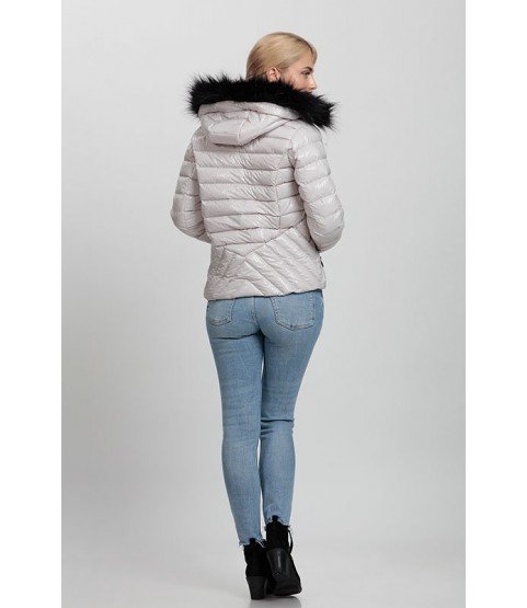 Cross Stitched Pockets Patterned Off White Coat with Fur Hat - Winter Collection