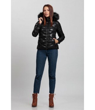 Circular Stitched Shiny Black Coat with Fur Hat - Winter Collection