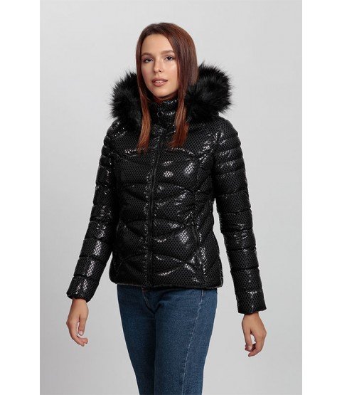 Circular Stitched Shiny Black Coat with Fur Hat - Winter Collection