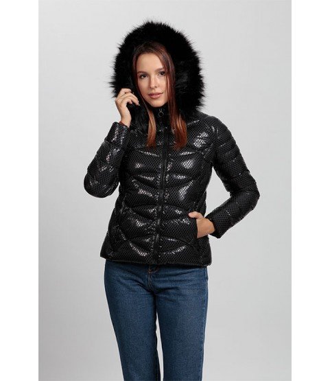 Circular Stitched Shiny Black Coat with Fur Hat - Winter Collection