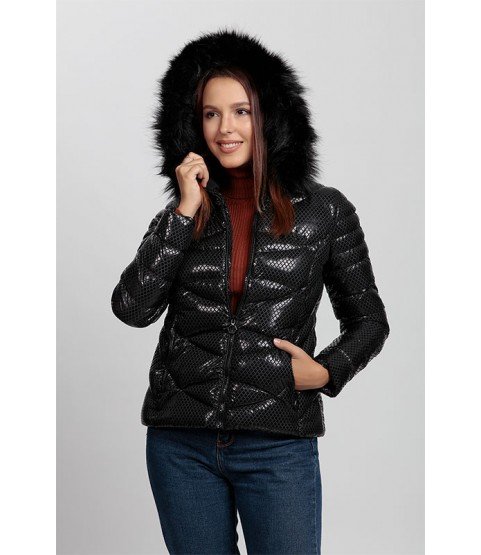 Circular Stitched Shiny Black Coat with Fur Hat - Winter Collection