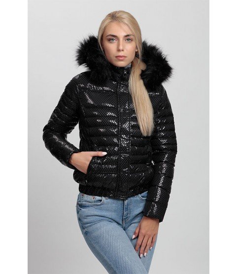 Straight Stitch Shiny Black Coat with Fur Hat - Winter Collection