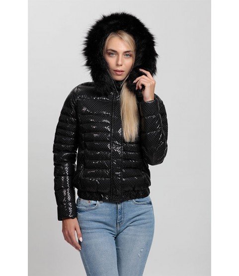 Straight Stitch Shiny Black Coat with Fur Hat - Winter Collection