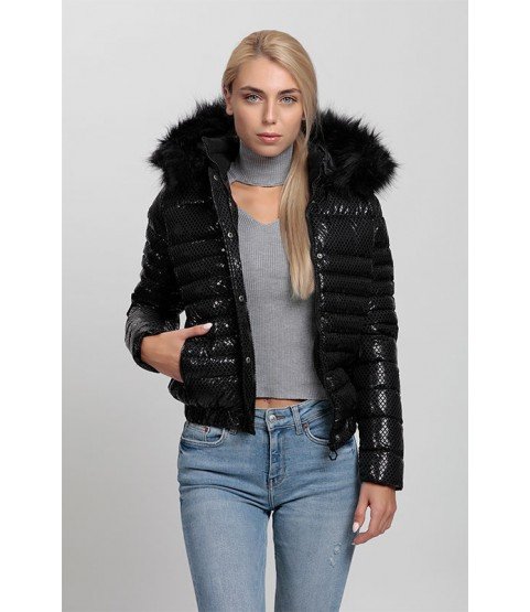 Straight Stitch Shiny Black Coat with Fur Hat - Winter Collection