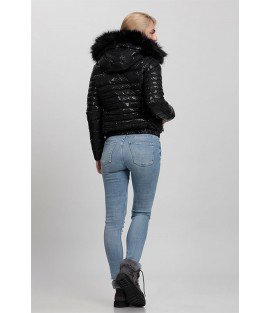 Straight Stitch Shiny Black Coat with Fur Hat - Winter Collection