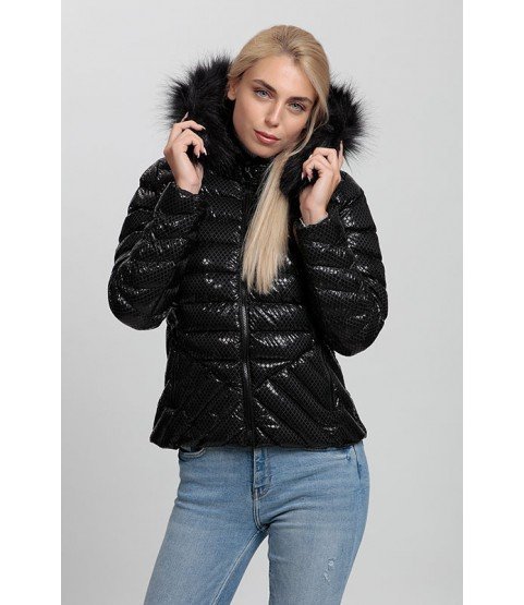 Cross Stitch Pockets Patterned Shiny Black Coat with Fur Hat - Winter Collection