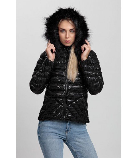 Cross Stitch Pockets Patterned Shiny Black Coat with Fur Hat - Winter Collection