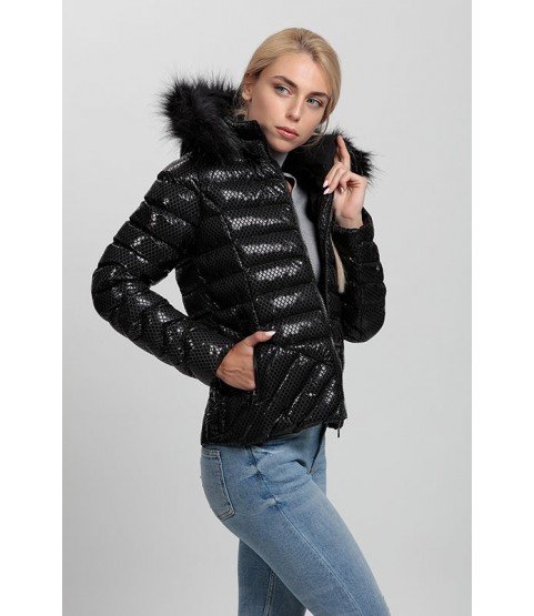 Cross Stitch Pockets Patterned Shiny Black Coat with Fur Hat - Winter Collection