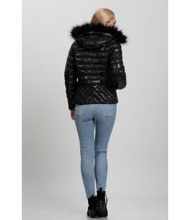 Cross Stitch Pockets Patterned Shiny Black Coat with Fur Hat - Winter Collection