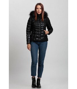 Square Stitched Pattern Shiny Black Coat with Fur Hat - Winter Collection