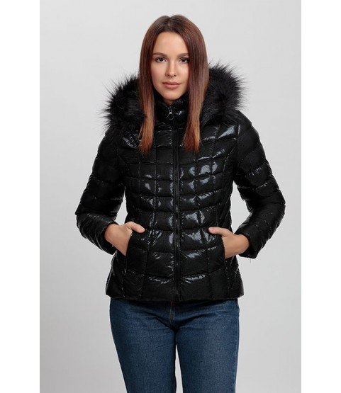 Square Stitched Pattern Shiny Black Coat with Fur Hat - Winter Collection