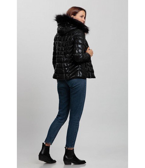 Square Stitched Pattern Shiny Black Coat with Fur Hat - Winter Collection