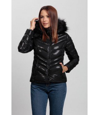 Cross Stitch Patterned Shiny Black Coat with Fur Hat - Winter Collection