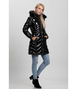 Shiny Black Long Coat with Fur Hat - Winter Collection