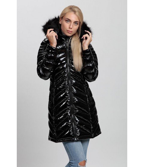 Shiny Black Long Coat with Fur Hat - Winter Collection