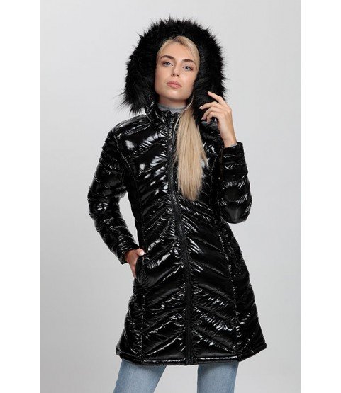 Shiny Black Long Coat with Fur Hat - Winter Collection