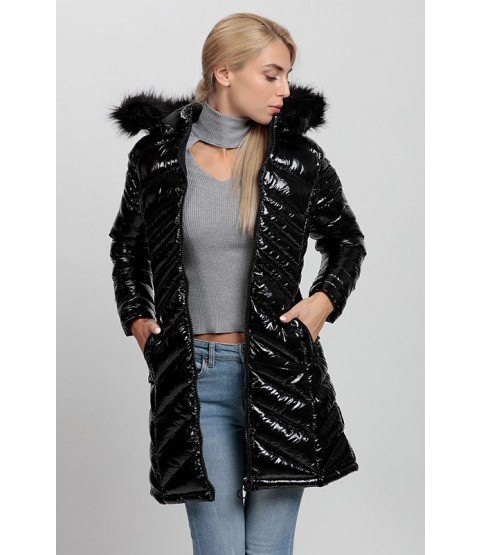 Shiny Black Long Coat with Fur Hat - Winter Collection