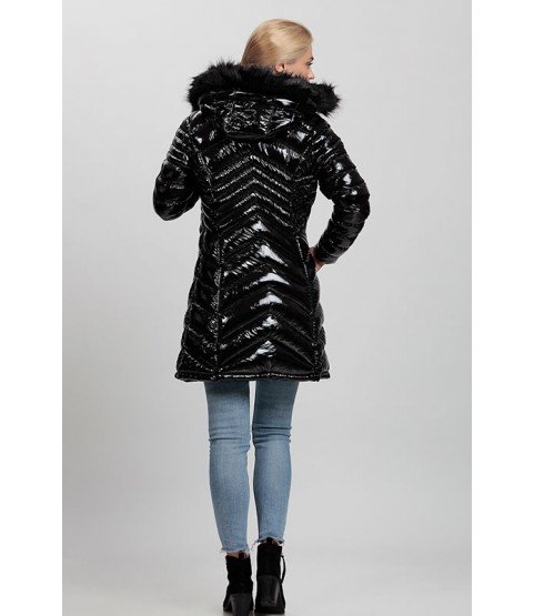 Shiny Black Long Coat with Fur Hat - Winter Collection