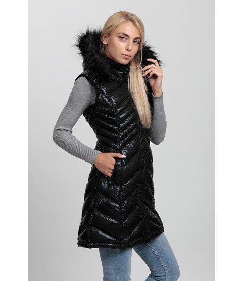 Black Long Vest with Fur Hat - Winter Collection