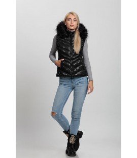 Cross Stitched Shiny Black Vest with Fur Hat - Winter Collection