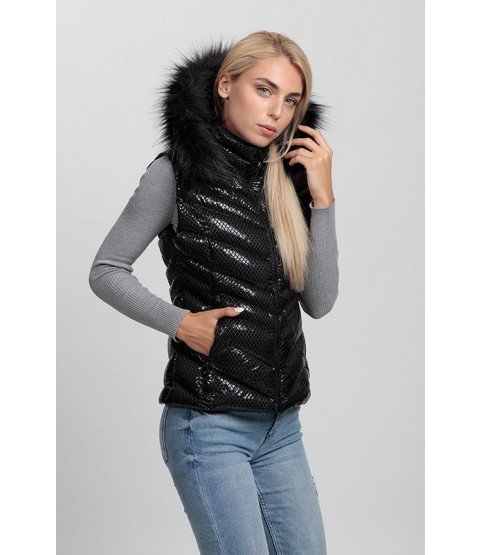 Cross Stitched Shiny Black Vest with Fur Hat - Winter Collection