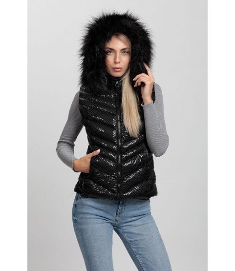 Cross Stitched Shiny Black Vest with Fur Hat - Winter Collection