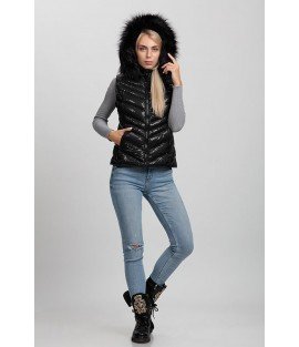 Cross Stitched Shiny Black Vest with Fur Hat - Winter Collection