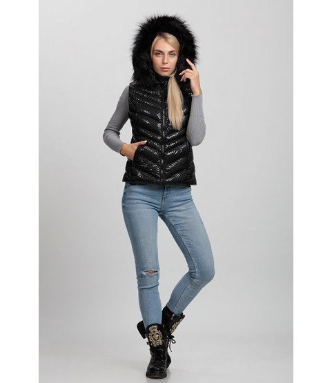 Cross Stitched Shiny Black Vest with Fur Hat - Winter Collection