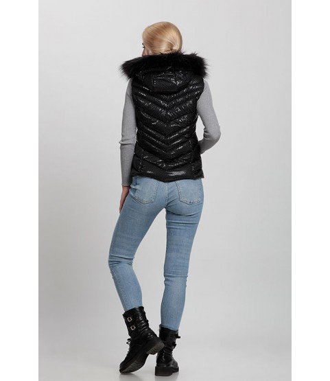 Cross Stitched Shiny Black Vest with Fur Hat - Winter Collection