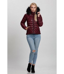 Cross Stitch Pockets Patterned Shiny Bordeaux Coat with Fur Hat -Winter Collection