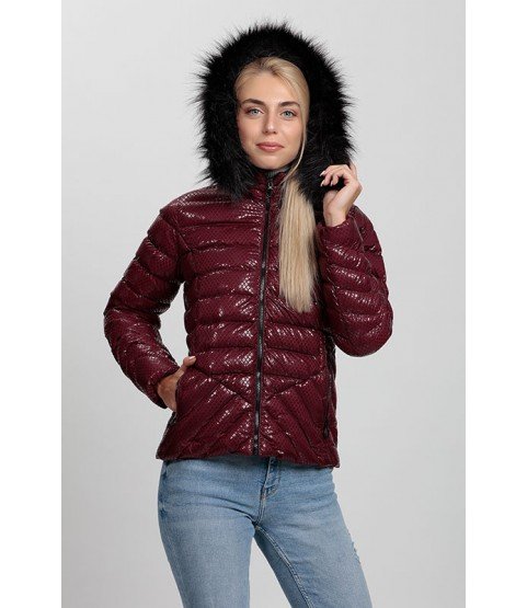 Cross Stitch Pockets Patterned Shiny Bordeaux Coat with Fur Hat -Winter Collection