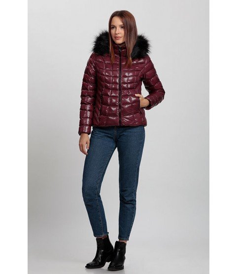 Square Stitched Bright Bordeaux Coat with Fur Hat - Winter Collection