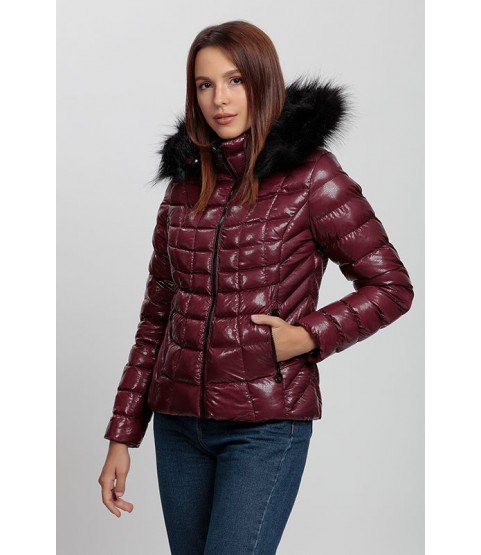 Square Stitched Bright Bordeaux Coat with Fur Hat - Winter Collection