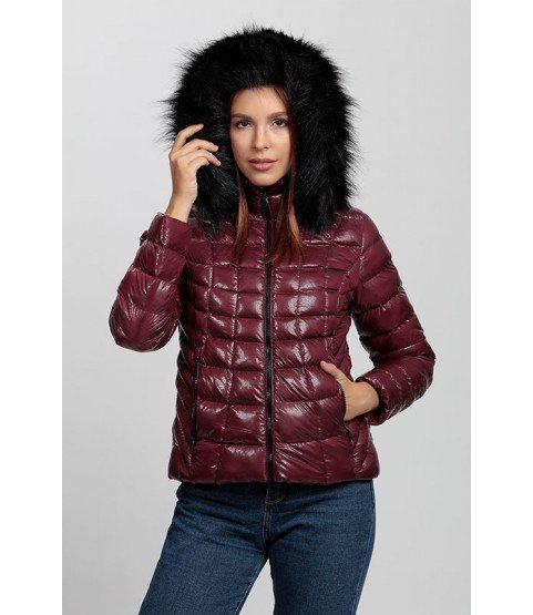 Square Stitched Bright Bordeaux Coat with Fur Hat - Winter Collection