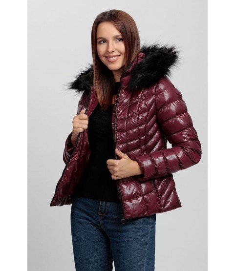 Square Stitched Bright Bordeaux Coat with Fur Hat - Winter Collection