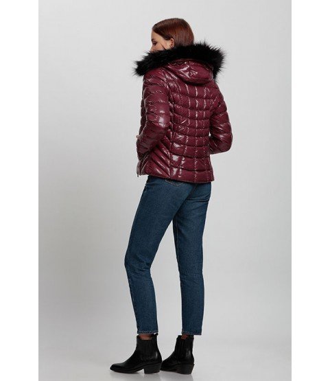 Square Stitched Bright Bordeaux Coat with Fur Hat - Winter Collection