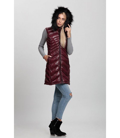 Long Bordeaux Vest with Fur Hat - Winter Collection