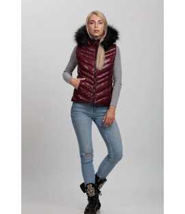 Cross Stitched Shiny Bordeaux Vest with Fur Hat - Winter Collection