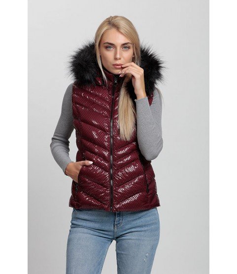 Cross Stitched Shiny Bordeaux Vest with Fur Hat - Winter Collection