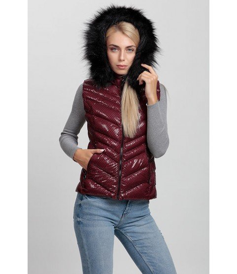 Cross Stitched Shiny Bordeaux Vest with Fur Hat - Winter Collection