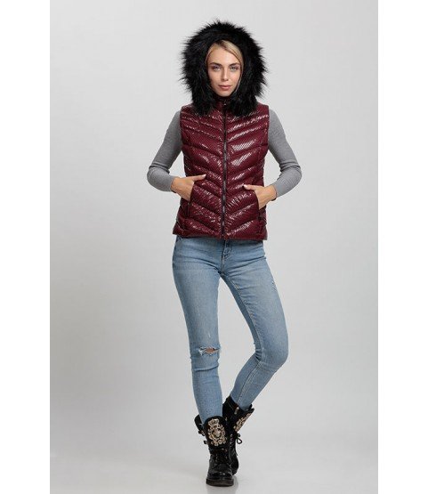 Cross Stitched Shiny Bordeaux Vest with Fur Hat - Winter Collection