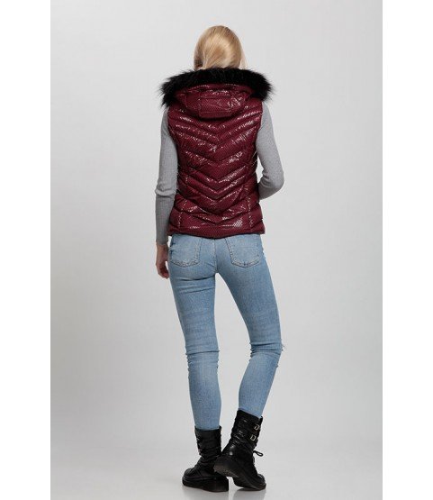 Cross Stitched Shiny Bordeaux Vest with Fur Hat - Winter Collection