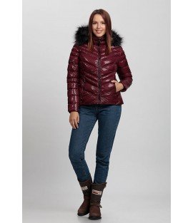 Cross Stitch Patterned Shiny Bordeaux Coat with Fur Hat - Winter Collection   